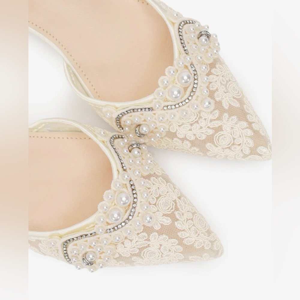 Kallie Pearl-Embellished Lace Pointed Flats in Ivory - Picture 2 of 5